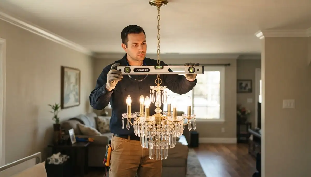 Fresno, CA electrician levels a chandelier and tests its dimmer during installation