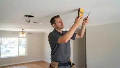 Fresno, CA electrician uses a stud finder to plan ceiling lighting installation.