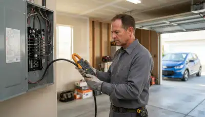 Fresno, CA electrician measures home electrical capacity with a clamp meter for EV charger installation
