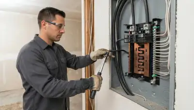 Electrician in Fresno, CA torques feeder conductors and bonds neutral and ground bars in a load center