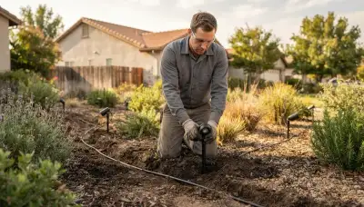 Technician installs low-voltage landscape lighting fixtures and cable in Fresno, CA planting beds