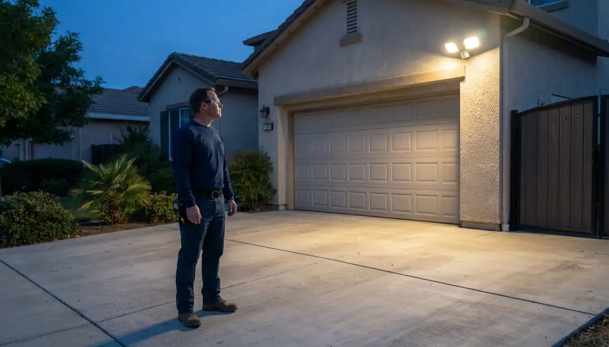 Fresno, CA electrician tests security light motion sensor range along a driveway at night.