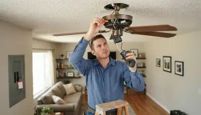 Electrician reconnects ceiling fan wiring after capacitor replacement in Fresno, CA