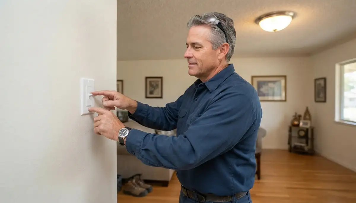Fresno, CA electrician tests a repaired light switch and confirms proper lighting operation