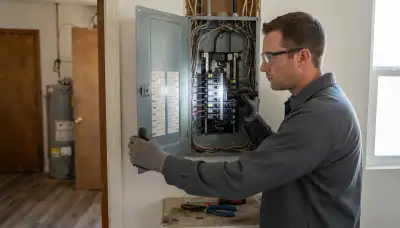 Electrician inspecting a home's electrical panel and breakers during a home inspection in Fresno, CA