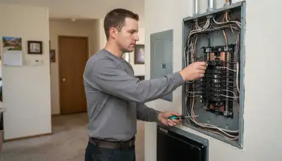 Licensed electrician installing a circuit breaker in a Fresno, CA electrical panel