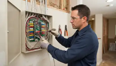 Electrician labeling fire alarm zones at a control panel in an older Fresno, CA home
