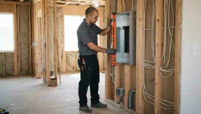 Fresno, CA electrician levels an electrical panel enclosure during rough-in installation against wall studs