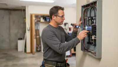 Fresno electrician inspecting an open electrical panel for whole-home surge protection installation