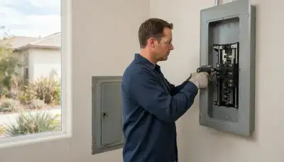 Electrician installing a new electrical panel in an older Fresno, CA home