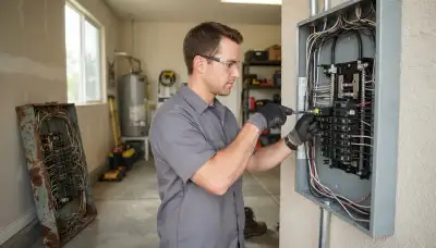 Electrician upgrading an outdated electrical panel in an older Clovis, CA home