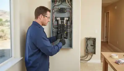 Electrician upgrading an electrical panel in an older Friant, CA home