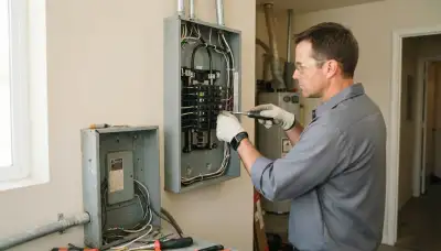 Electrician upgrading an older home's electrical panel in Kerman, CA