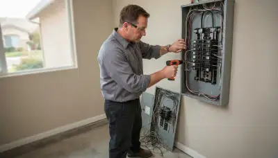 Electrician upgrading an electrical panel in an older Kingsburg, CA home