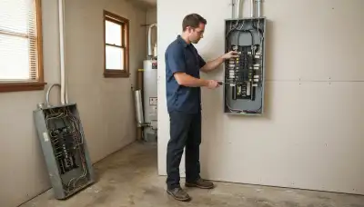 Electrician upgrading the electrical panel in an older Laton, CA home