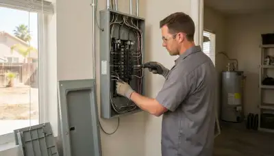 Electrician upgrading an electrical panel in an older Fresno, CA home
