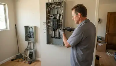 Electrician upgrading an electrical panel in an older Parlier, CA home