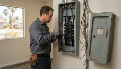 Electrician upgrading an electrical panel in an older Raisin City, CA home