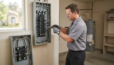 Electrician upgrading an older home's electrical panel in Sanger, CA