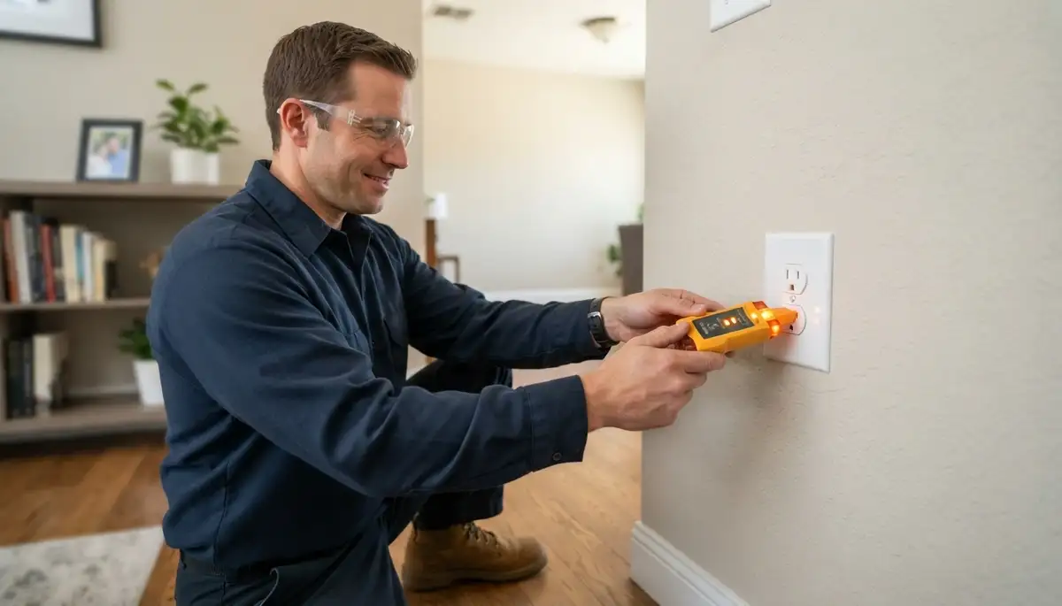 Electrician uses a circuit tester to verify outlet polarity and ground continuity in a Fresno, CA home