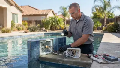 Fresno, CA electrician inspects a pool light bonding connection and junction box for safe pool lighting