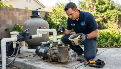 Electrician inspecting pool pump strainer basket and shaft seal in Fresno, CA