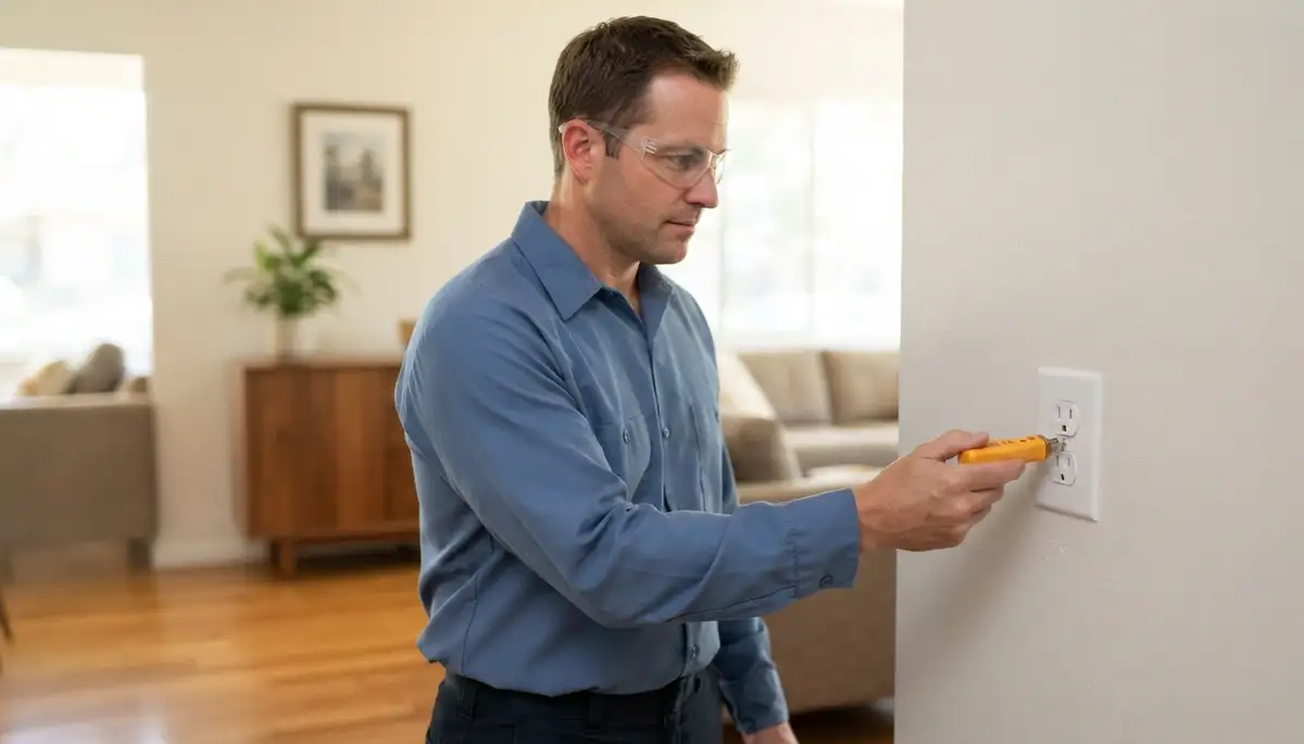 Fresno, CA electrician tests a restored receptacle with a voltage tester after electrical repair
