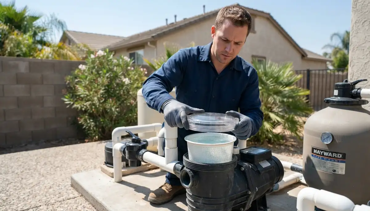 Fresno, CA electrician closes a pool pump strainer lid to verify water flow before startup