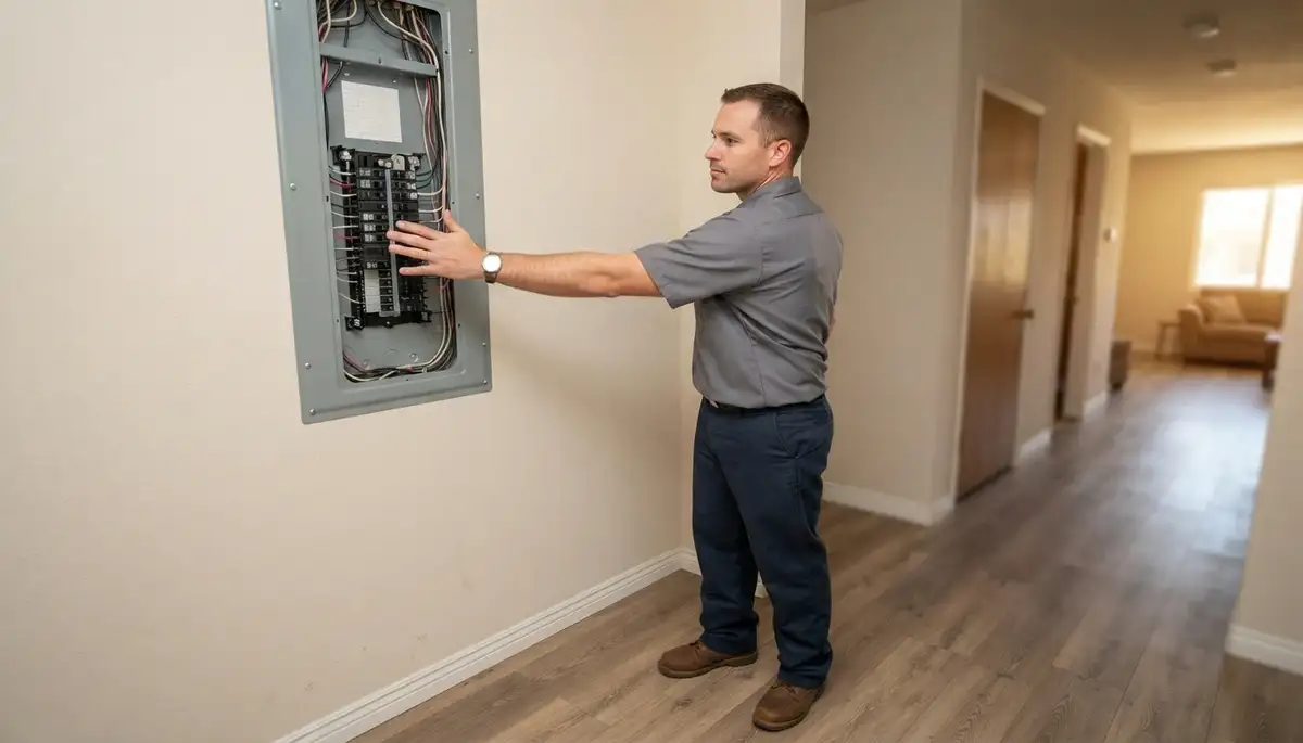 Fresno, CA electrician verifies a completed electrical panel during a final project walkthrough