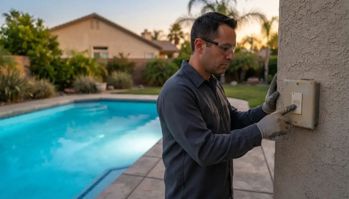 Fresno, CA electrician testing pool light GFCI protection at deck panel during evening inspection