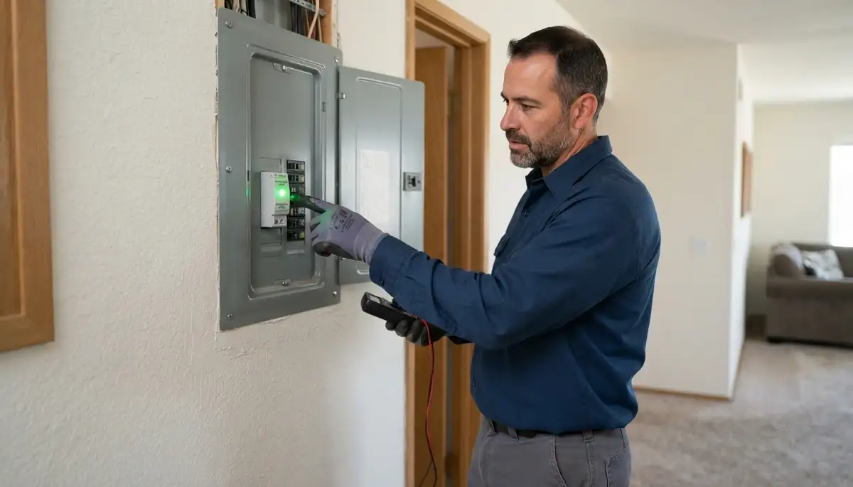 Electrician verifies whole-home surge protector status at a Fresno, CA home