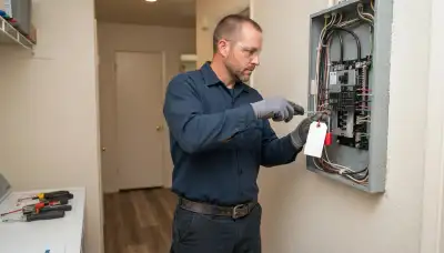 Electrician in Fresno, CA safely terminates wiring with a locked-out circuit and safety tag in an older home