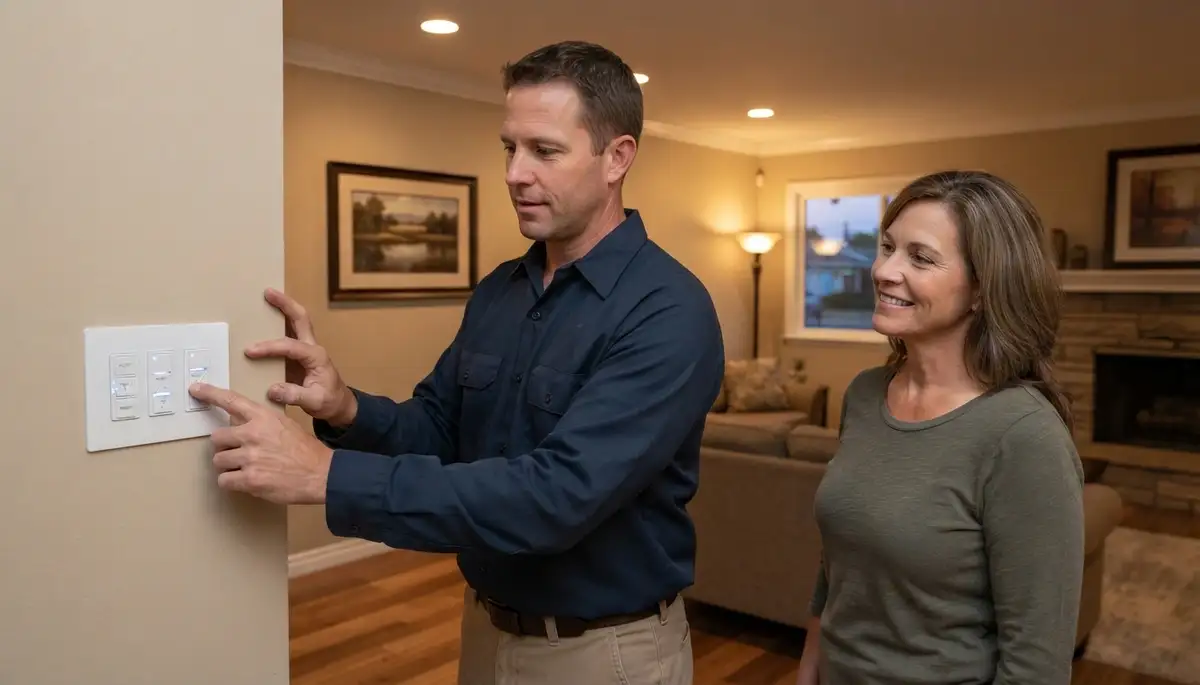 Electrician and homeowner verify programmable lighting scenes in a Fresno, CA home