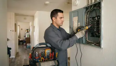 Fresno electrician diagnoses an electrical panel with a voltage tester in an older home