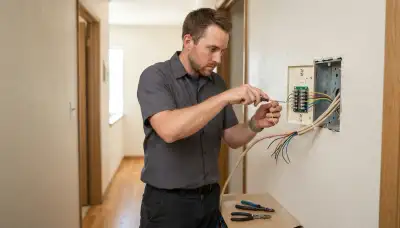 Electrician connecting intercom station control wires in Fresno, CA