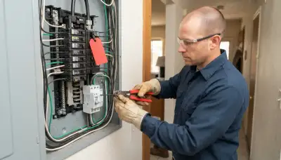 Fresno, CA electrician installs a whole-home surge protector with short leads at an electrical panel