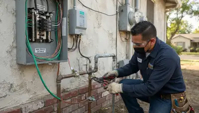 Electrician installs surge protection and bonding jumpers at a Fresno, CA service entrance