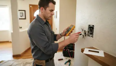 Electrician in Fresno, CA tests a failing wall switch with a multimeter during switch repair.