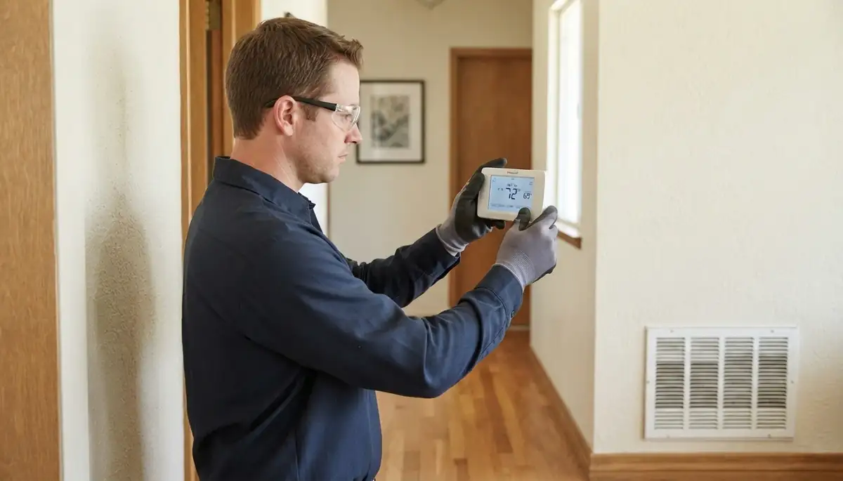 Electrician testing a newly installed thermostat for heating and cooling cycles in Fresno, CA