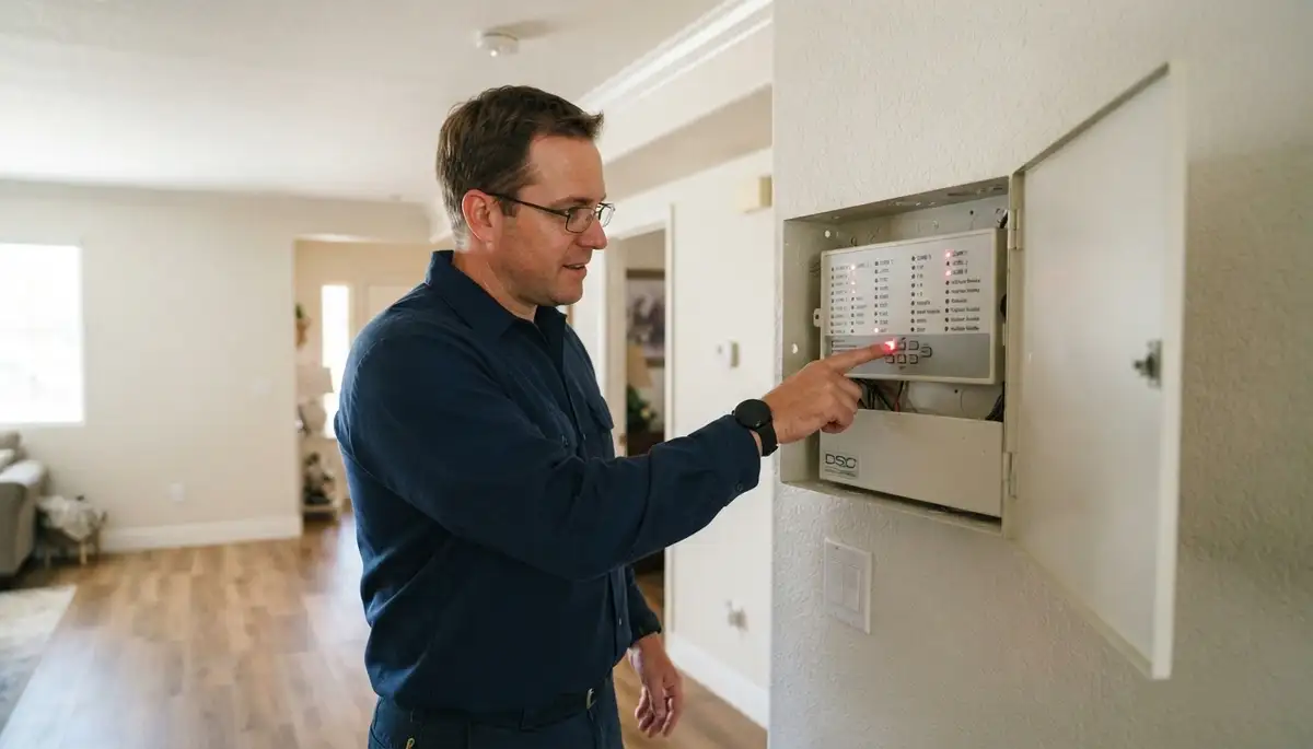 Fresno, CA electrician tests fire alarm control panel zones and guides homeowner through a system walkthrough