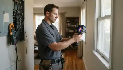 Fresno, CA electrician scans a window edge with a thermal camera during a home energy audit