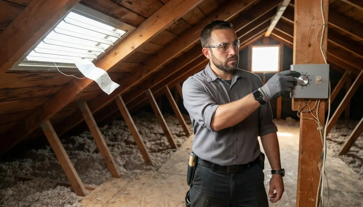 Electrician adjusts attic fan thermostat to verify airflow through soffit vents in Fresno, CA