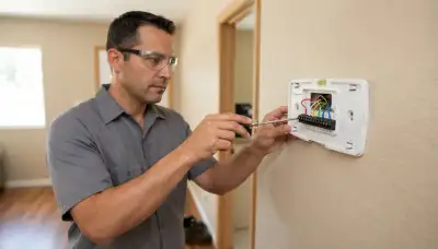 Fresno, CA electrician leveling and wiring a new thermostat base for home HVAC