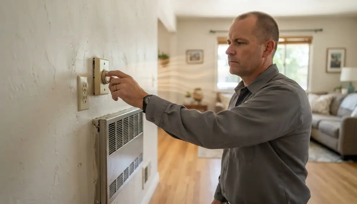 Fresno, CA electrician adjusts an electric heater thermostat to verify heating output after installation