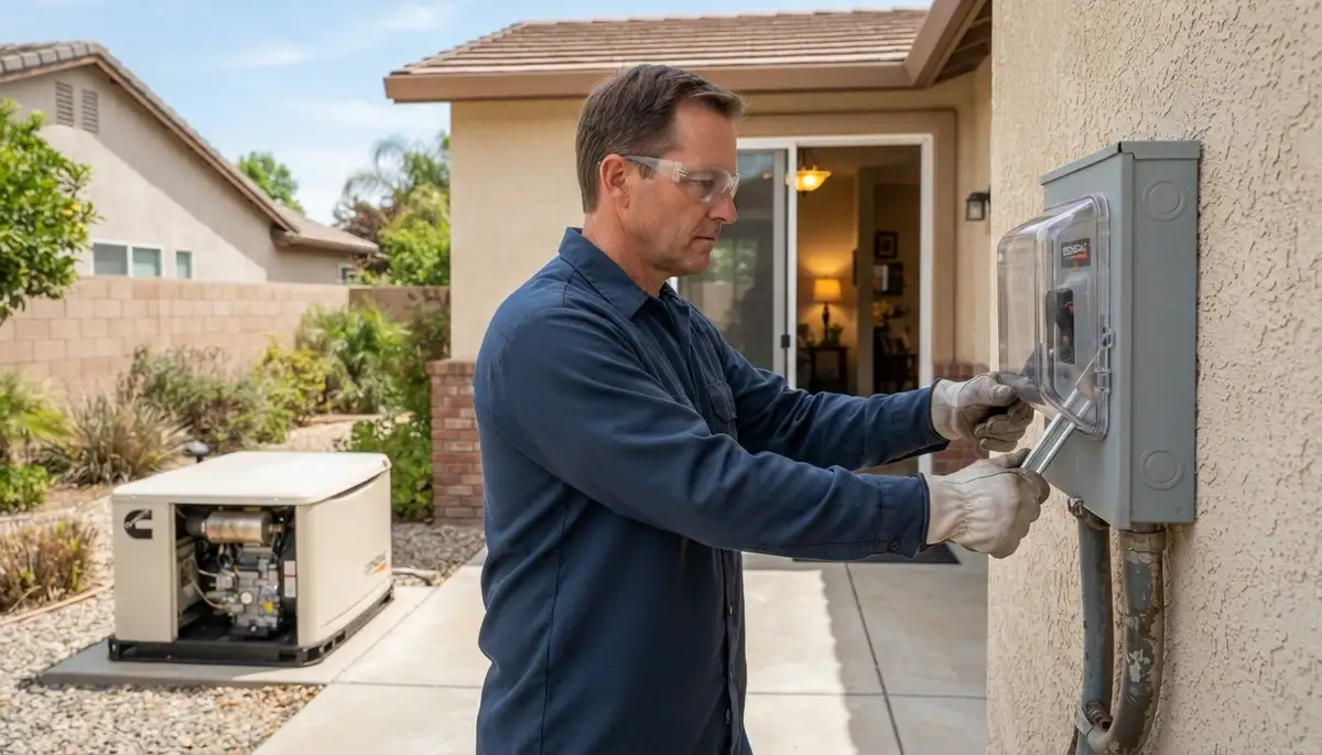 Electrician in Fresno, CA tests a generator transfer switch for reliable backup power