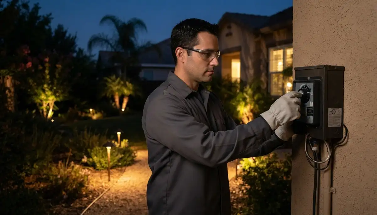 Electrician verifies Fresno, CA landscape lighting by adjusting a transformer timer at dusk beside glowing path lights
