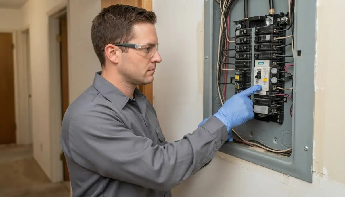 Fresno, CA electrician pressing a GFCI breaker test button to verify ground-fault protection