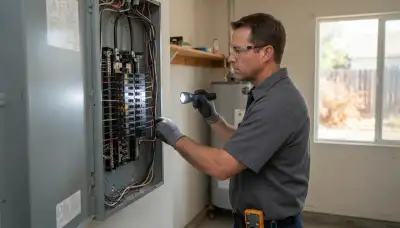 Electrician inspecting a home's electrical panel during a whole-home inspection in Fresno, CA