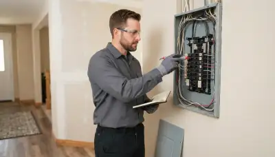 Licensed electrician inspects Fresno, CA home electrical panel and breaker terminals with a voltage tester