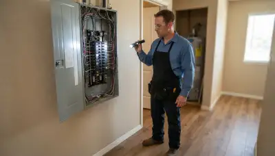 Electrician inspecting a home electrical panel during a whole-home inspection in Friant, CA